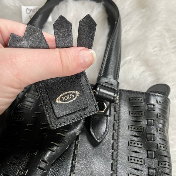 Tod's Laser Cut Flower Tote Shoulder Bag Small Lazer Perforated Black Leather - Picture 8 of 16